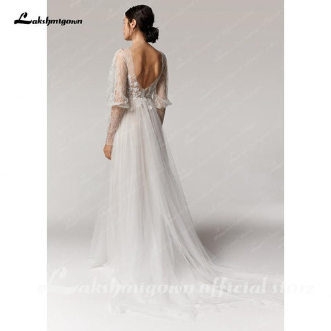 Baoleely Vintage Deep V Champagne Wedding Dress A Line long sleeves