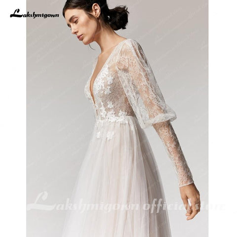 Baoleely Vintage Deep V Champagne Wedding Dress A Line long sleeves
