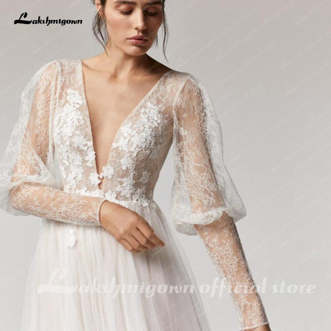 Baoleely Vintage Deep V Champagne Wedding Dress A Line long sleeves