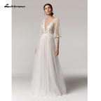Baoleely Vintage Deep V Champagne Wedding Dress A Line long sleeves