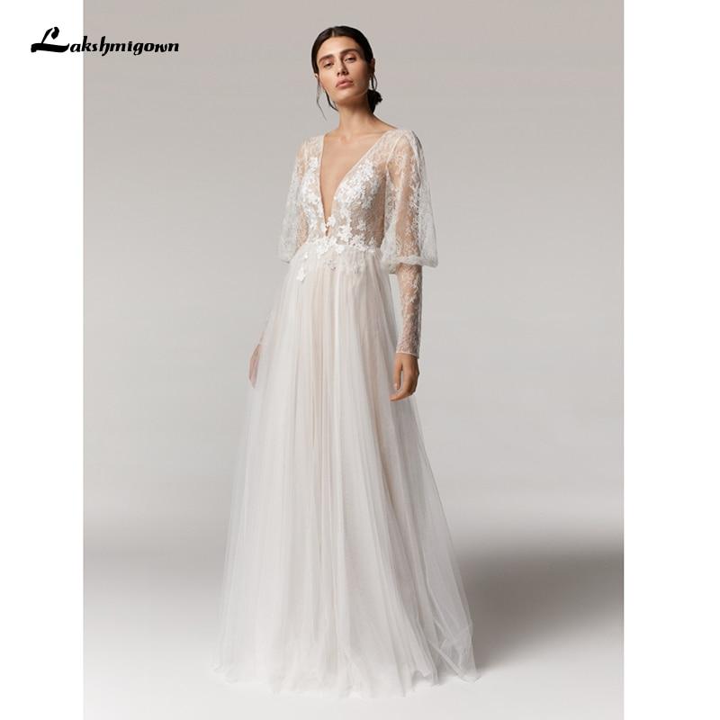 Baoleely Vintage Deep V Champagne Wedding Dress A Line long sleeves