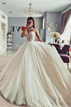 Vintage Jewel Long Sleeves Lace A-Line Tulle Wedding Dresses