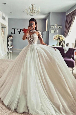 Vestidos de novia vintage de tul con encaje, manga larga y corte en A, estilo joya.
