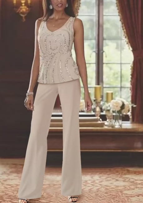 Vestido de mamá vintage de dos piezas, manga larga, gasa y lentejuelas