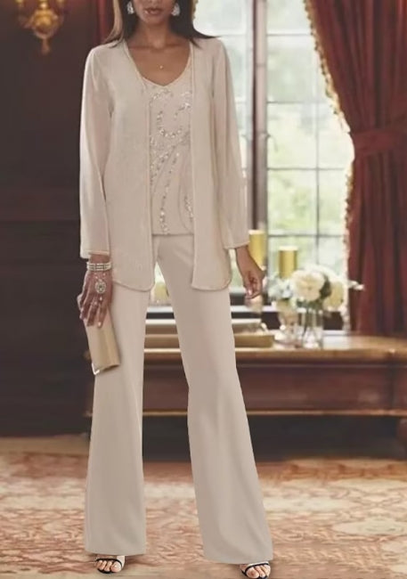Vestido de mamá vintage de dos piezas, manga larga, gasa y lentejuelas
