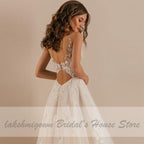 Baoleely Vintage Lace Boho Wedding Dress Deep V-neck Champagne Bridal Gown