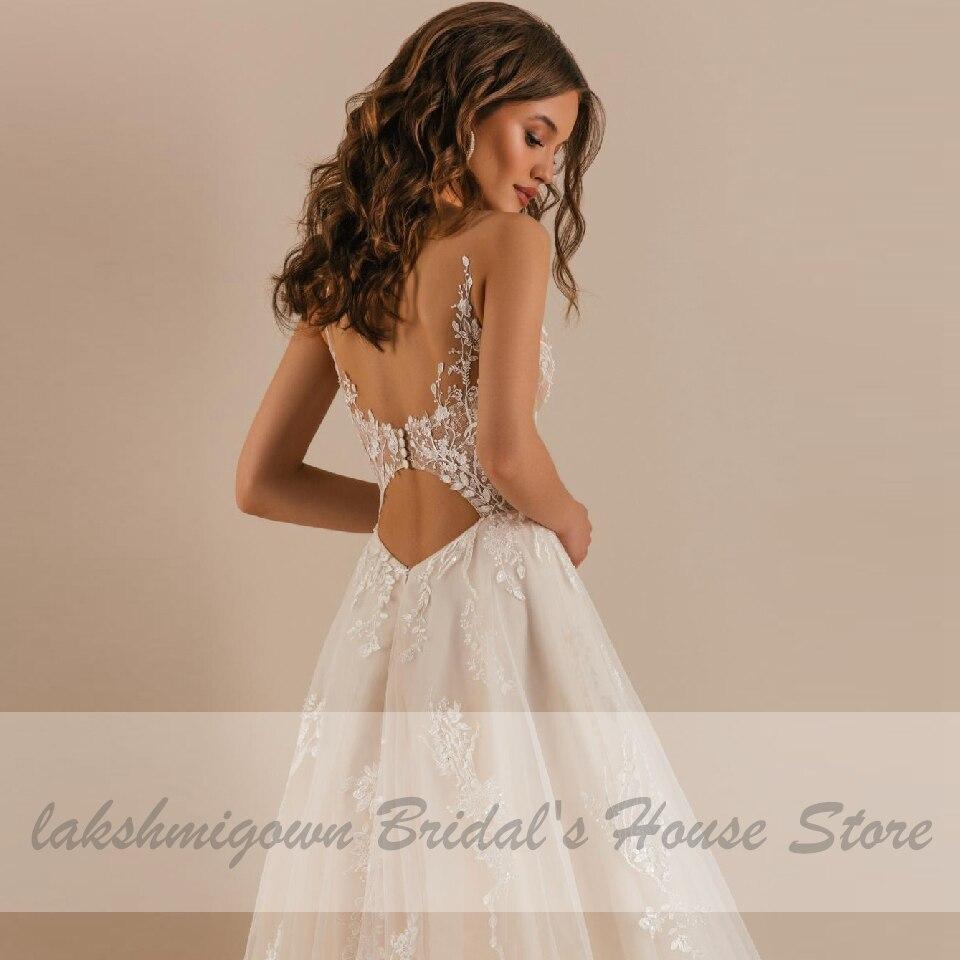 Baoleely Vintage Lace Boho Wedding Dress Deep V-neck Champagne Bridal Gown