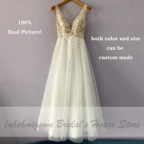 Baoleely Vintage Lace Boho Wedding Dress Deep V-neck Champagne Bridal Gown