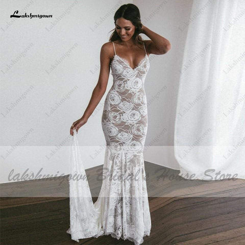 Baoleely Vintage Lace Mermaid Dress Summer Wedding Dresses Open Back
