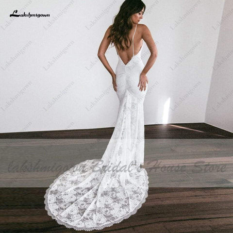 Baoleely Vintage Lace Mermaid Dress Summer Wedding Dresses Open Back