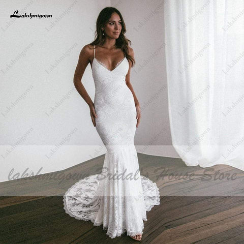 Baoleely Vintage Lace Mermaid Dress Summer Wedding Dresses Open Back