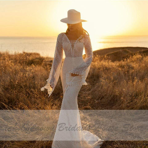 Baoleely Vintage Lace Puff Sleeve Backless Dress Women Boho Mermaid Wedding Dresses