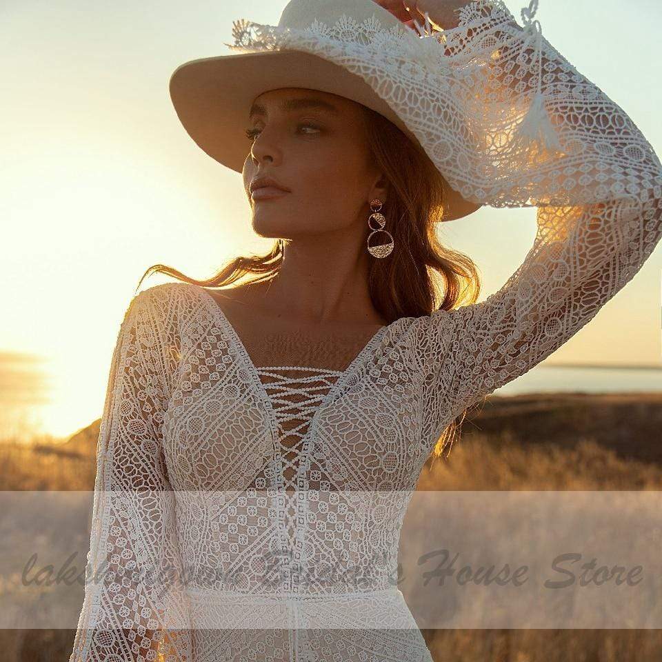 Baoleely Vintage Lace Puff Sleeve Backless Dress Women Boho Mermaid Wedding Dresses