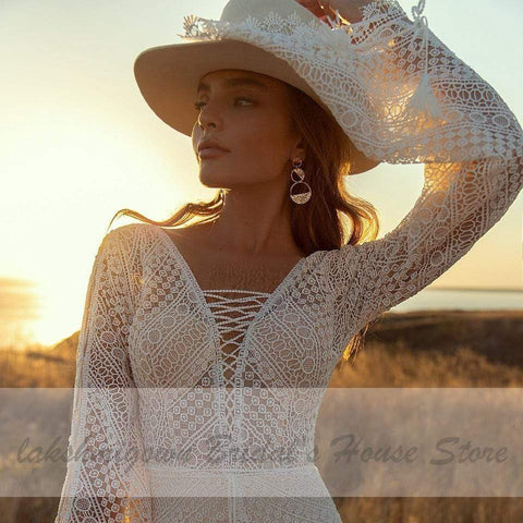 Baoleely Vintage Lace Puff Sleeve Backless Dress Women Boho Mermaid Wedding Dresses