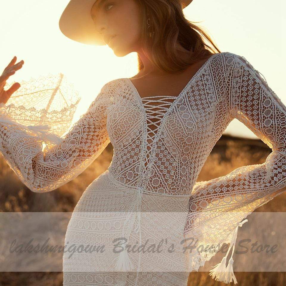 Baoleely Vintage Lace Puff Sleeve Backless Dress Women Boho Mermaid Wedding Dresses