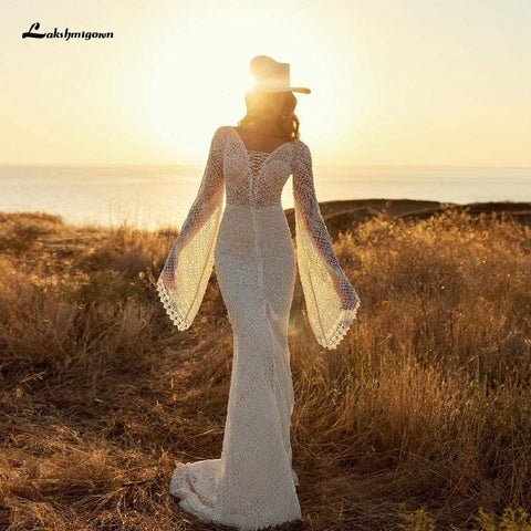Baoleely Vintage Lace Puff Sleeve Backless Dress Women Boho Mermaid Wedding Dresses
