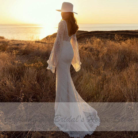 Baoleely Vintage Lace Puff Sleeve Backless Dress Women Boho Mermaid Wedding Dresses