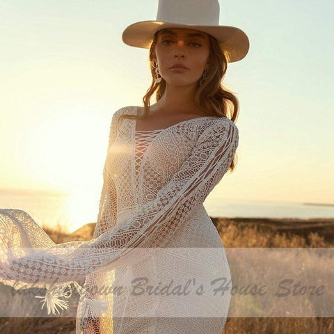 Baoleely Vintage Lace Puff Sleeve Backless Dress Women Boho Mermaid Wedding Dresses