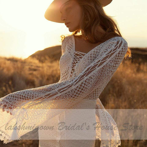 Baoleely Vintage Lace Puff Sleeve Backless Dress Women Boho Mermaid Wedding Dresses