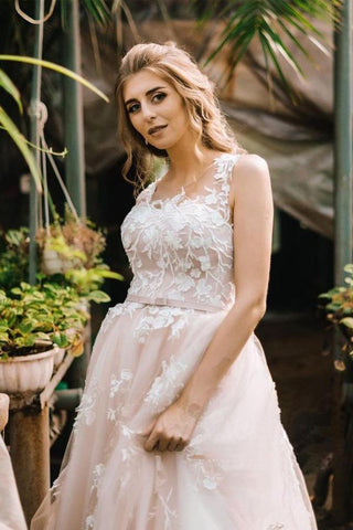 Vestido de novia vintage de tul con escote redondo y encaje, corte en A, modelo WD531