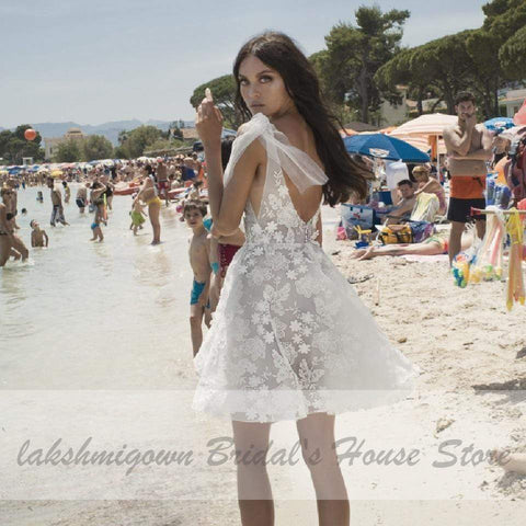 Baoleely Vintage Lace Short Wedding Dress Beach Deep V Neck Sexy