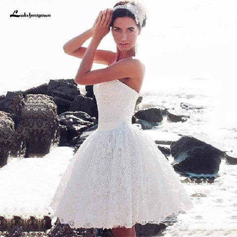 Baoleely Vintage Lace Short Wedding Dress Beach Summer Strapless Bridal Gown