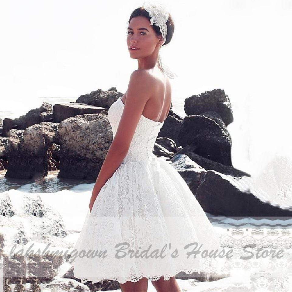 Baoleely Vintage Lace Short Wedding Dress Beach Summer Strapless Bridal Gown