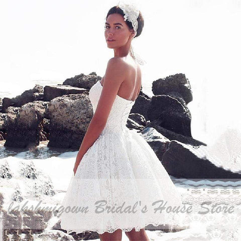 Baoleely Vintage Lace Short Wedding Dress Beach Summer Strapless Bridal Gown