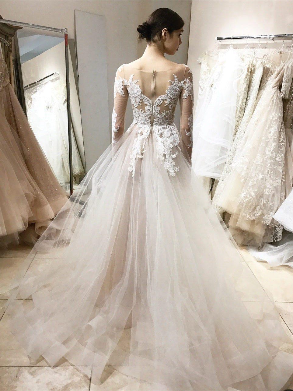 Vestido de novia vintage de encaje, estilo princesa, con mangas largas WD320