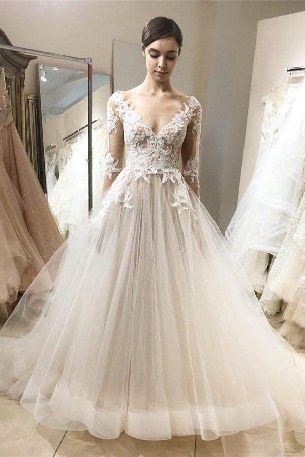 Vestido de novia vintage de encaje, estilo princesa, con mangas largas WD320