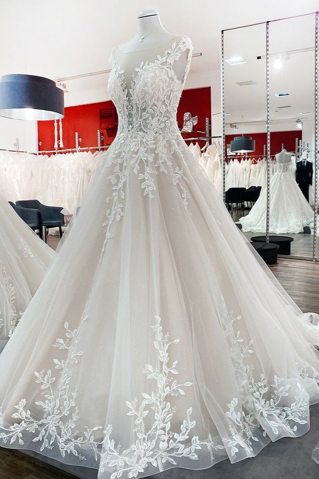 Vestido de novia vintage largo de corte A con volantes de tul joya y apliques de encaje