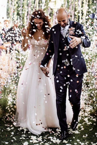 Vestido de novia vintage largo de corte A con hombros descubiertos, de encaje y tul