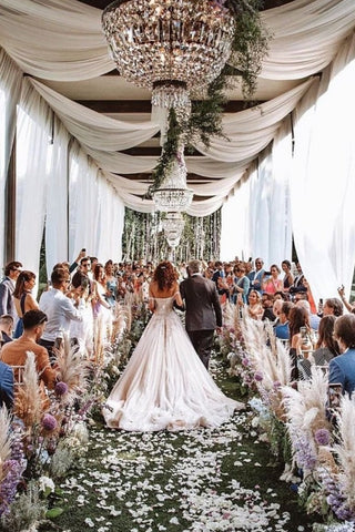 Vestido de novia vintage largo de corte A con hombros descubiertos, de encaje y tul