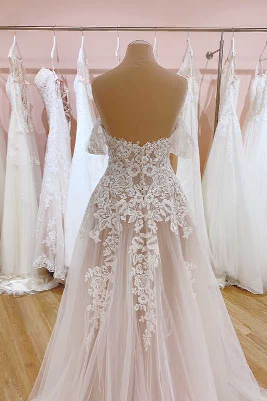 Vintage Long A-Line Off-the-Shoulder Sweetheart Backless Tulle Wedding Dress
