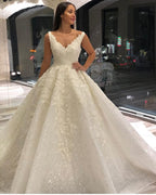 Vestido de novia vintage largo de corte A con escote en V, apliques, encaje y lentejuelas