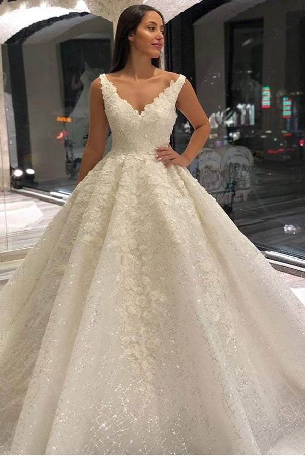 Vestido de novia vintage largo de corte A con escote en V, apliques, encaje y lentejuelas