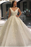 Vestido de novia vintage largo de corte A con escote en V, apliques, encaje y lentejuelas