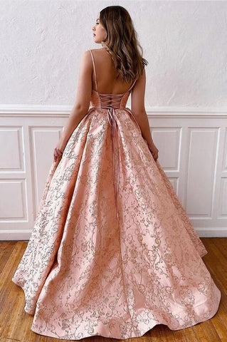 Vintage Long A-line V-neck Spaghetti Straps Satin Backless Prom Dress