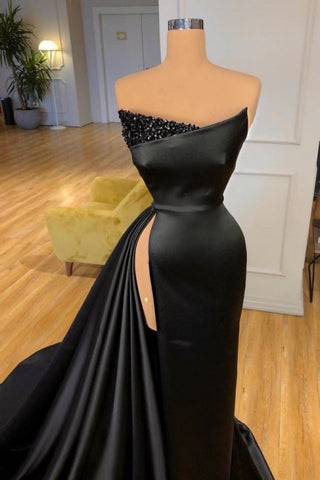 Robe de soirée longue noire vintage sans manches, robe de bal avec fente