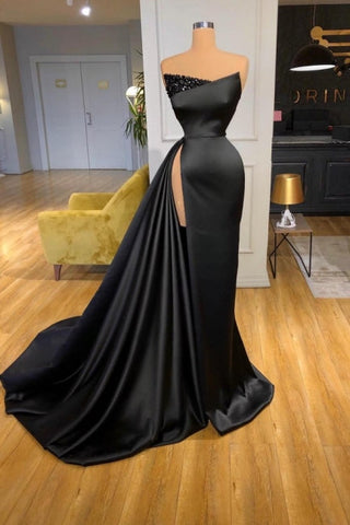 Robe de soirée longue noire vintage sans manches, robe de bal avec fente