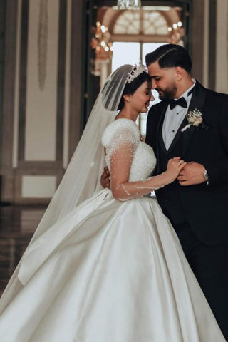 Vintage Long Ivory A-line Square Neck Satin Glitter Wedding Dress with Long Sleeves