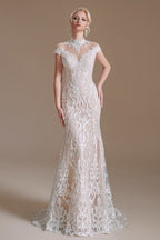 Vestido de novia vintage largo de sirena, cuello alto, encaje y mangas