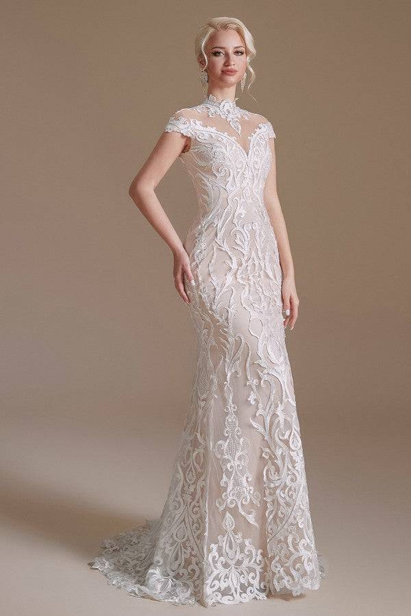 Vestido de novia vintage largo de sirena, cuello alto, encaje y mangas