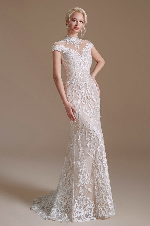 Vestido de novia vintage largo de sirena, cuello alto, encaje y mangas