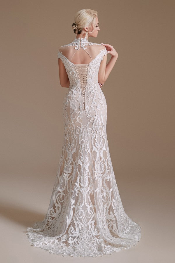 Vestido de novia vintage largo de sirena, cuello alto, encaje y mangas