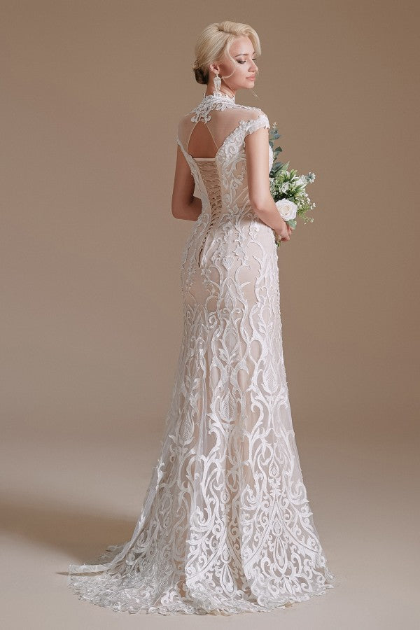 Vestido de novia vintage largo de sirena, cuello alto, encaje y mangas
