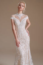 Vestido de novia vintage largo de sirena, cuello alto, encaje y mangas