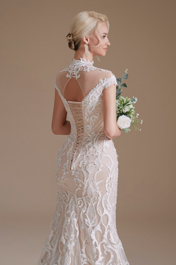 Vestido de novia vintage largo de sirena, cuello alto, encaje y mangas