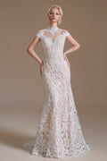 Vestido de novia vintage largo de sirena, cuello alto, encaje y mangas