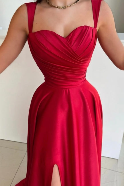 Robe de bal longue rouge vintage en satin plissé sans manches avec fente